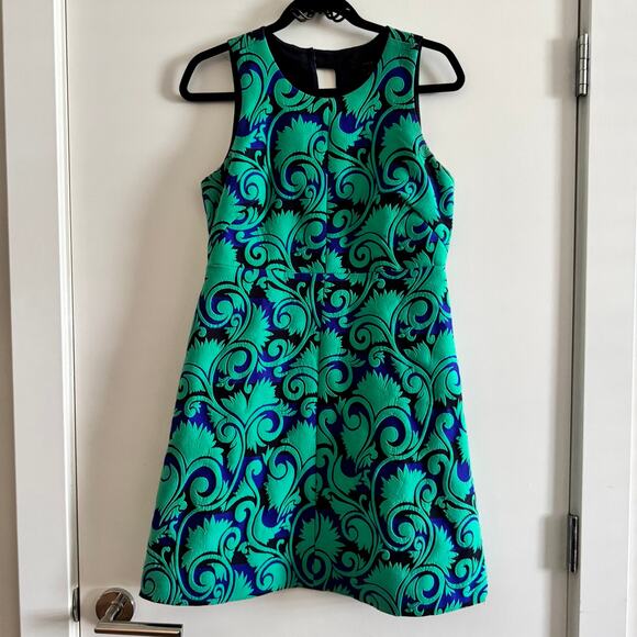 J Crew Jacquard Paisley A Line Dress Green Blue Back Zip Sleeveless Sz 4 - Picture 1 of 6